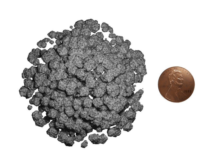 Enlarged grey virus particle next to a US penny, illustrating magnified scale and intricate structure.