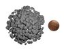 Enlarged grey virus particle next to a US penny, illustrating magnified scale and intricate structure.