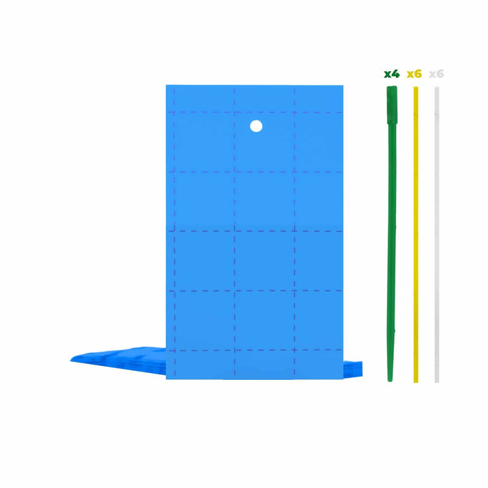 Blue grid playmat kit with stackable base, central hole, and building sticks: 4 green, 6 yellow, 6 white.