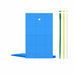 Blue grid playmat kit with stackable base, central hole, and building sticks: 4 green, 6 yellow, 6 white.