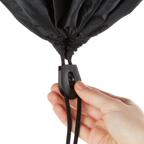 Hand adjusting black drawstring cord lock. Secure toggle closure for bags, covers, or apparel.
