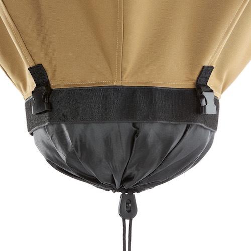 Tan wader leg with black integrated gaiter, adjustable strap, quick-release buckles, and drawstring cinch.