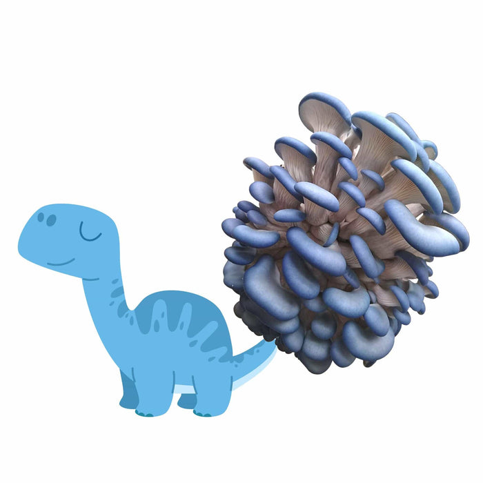 Blue cartoon dinosaur with blue oyster mushrooms growing from its back.