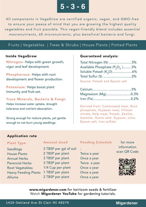 VegaGrow 5-3-6 organic vegan plant fertilizer label: NPK analysis, application rates, and benefits for garden, trees, houseplants.