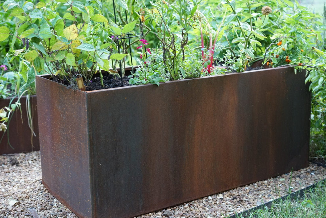 Corten steel raised garden bed with diverse green plants, herbs, and colorful flowers, set on gravel.