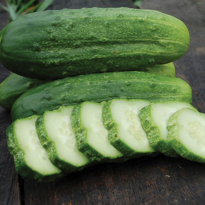 Crisp green cucumbers, whole and sliced, displaying white flesh and seeds. Fresh garden vegetables on a wooden surface.