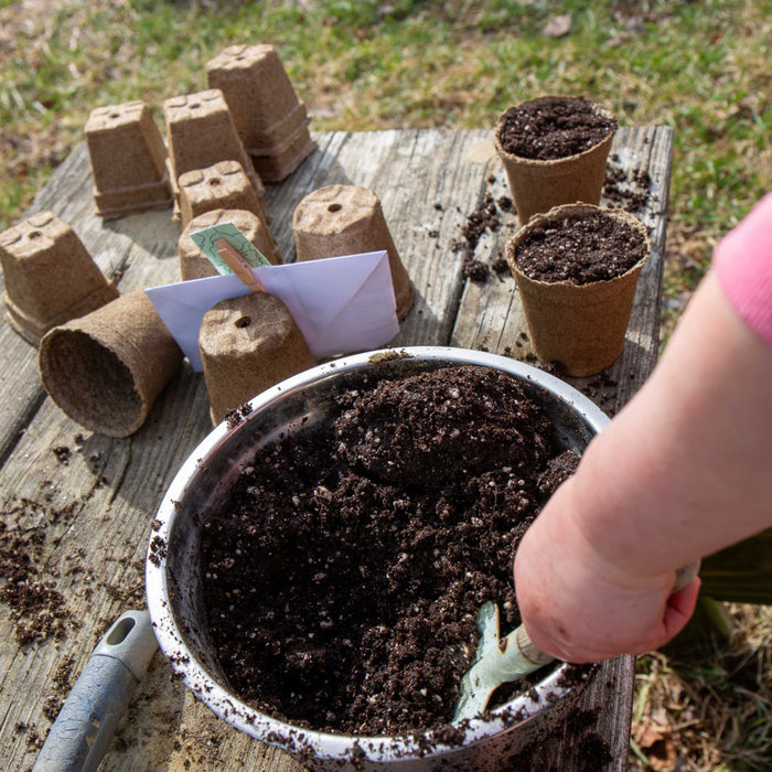 Child's hand scoops rich potting soil into peat pots on a rustic wooden table for spring seed starting.