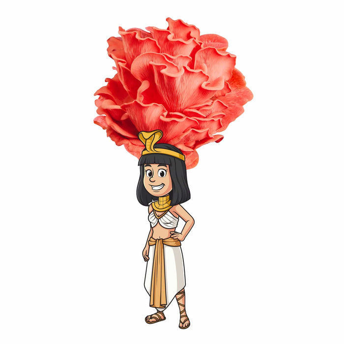 Cartoon Cleopatra with golden cobra crown balancing a large, vibrant pink oyster mushroom on her head.
