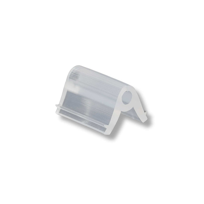 Clear plastic angled mounting clip for LED light strips, display panels, or glass.