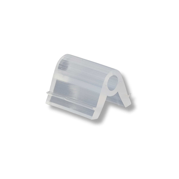 Clear plastic corner display clip with hole. Ideal for retail shelf edge signs, price tags, or product information.