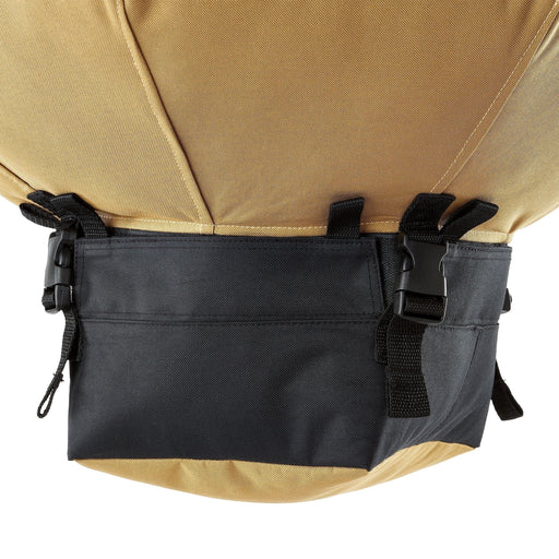 Tan and black durable backpack pocket with quick-release buckles and sturdy webbing straps.