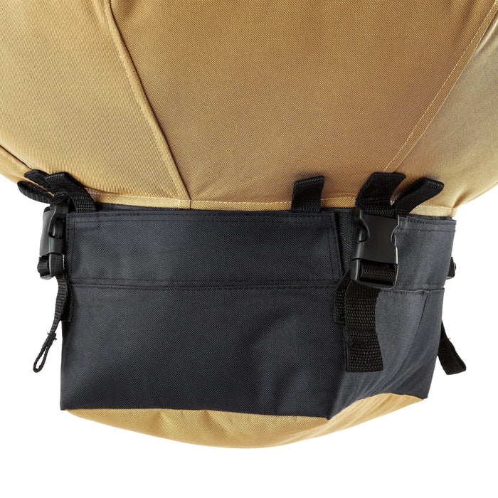 Tan and black durable backpack pocket with quick-release buckles and sturdy webbing straps.