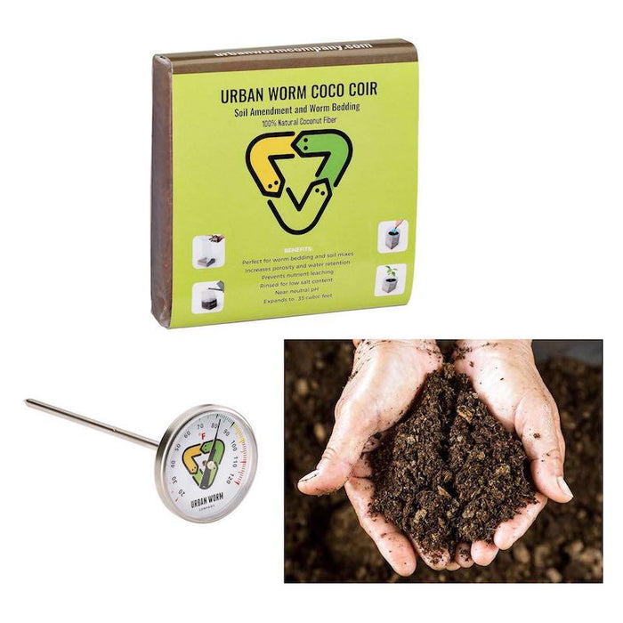 Urban Worm Coco Coir soil amendment & worm bedding, coco fiber, compost thermometer, hands with nutrient-rich garden soil.