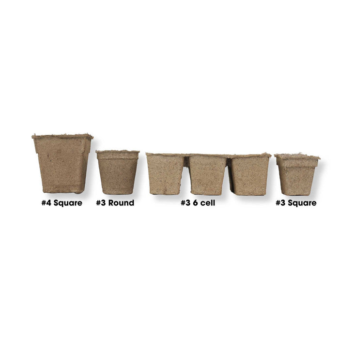 Assortment of biodegradable peat pots: #4 square, #3 round, #3 6-cell tray, #3 square. Seed starting supplies.