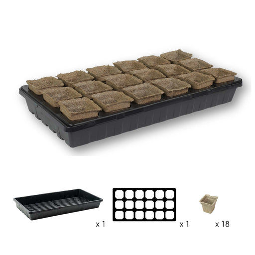 Seed starter kit with 18 biodegradable square pots in a black plastic propagation tray for gardening.