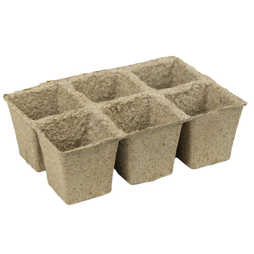 Biodegradable 6-cell seed starter tray made from pressed fiber, ideal for seedlings and plant propagation.