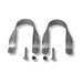 Two galvanized fence brace bands, carriage bolts, and nuts for chain link fencing.