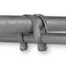 Two galvanized steel conduits fastened together by two-hole pipe clamps.