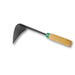 Curved black metal garden hoe with light wooden handle and green band, for weeding and cultivating.