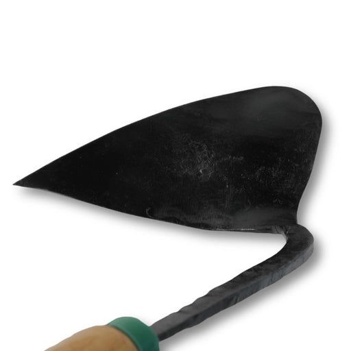 Black garden hoe with a sharp, triangular blade and wooden handle, ideal for weeding and gardening.