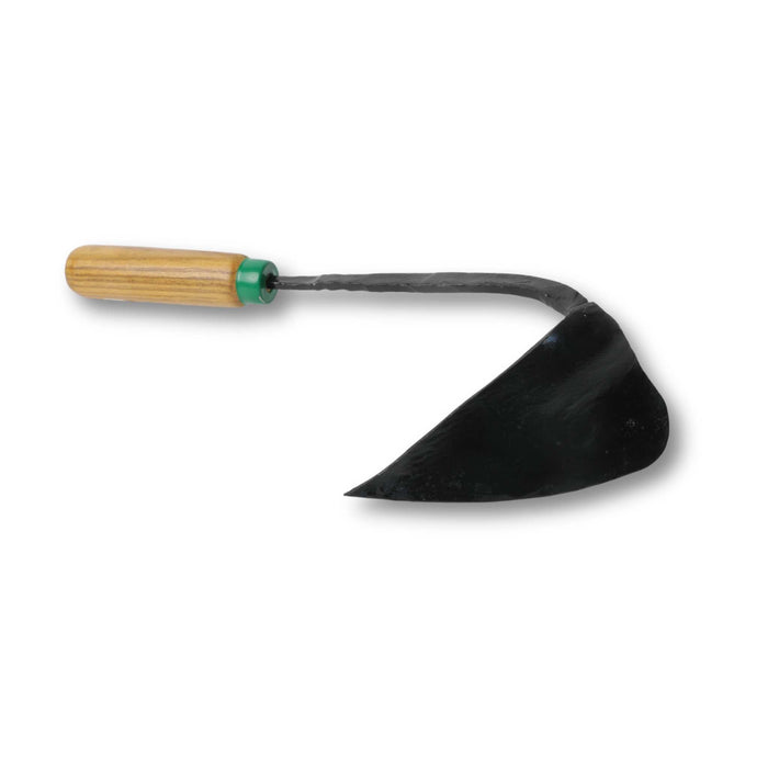 Weeding hand hoe with natural wood handle and a durable, curved black steel blade, essential garden tool.