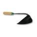 Weeding hand hoe with natural wood handle and a durable, curved black steel blade, essential garden tool.