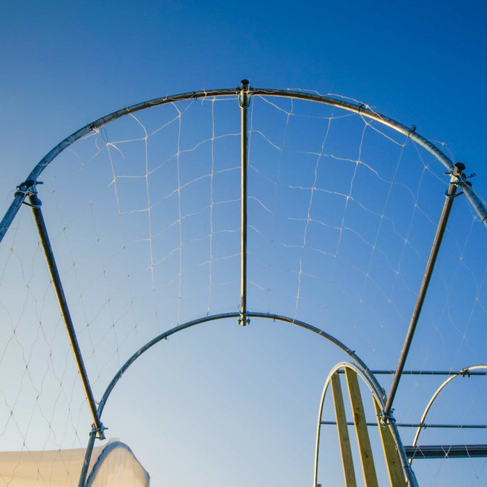 Metal hoop house frame with plant trellis netting under a clear blue sky. Garden structure for climbing plants.