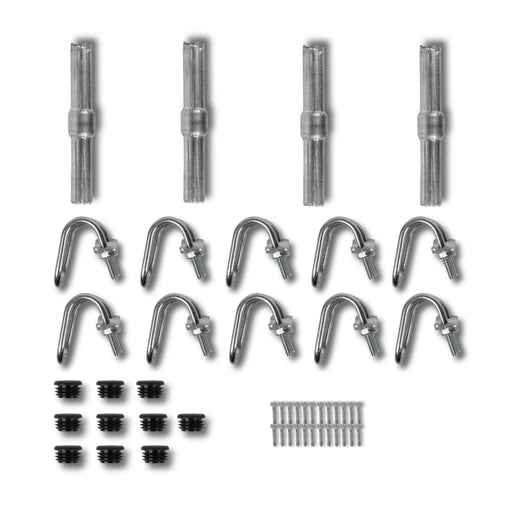 Galvanized shelving hardware kit: 4 poles, 10 U-bolts with nuts, 9 end caps, and 20 self-tapping screws.