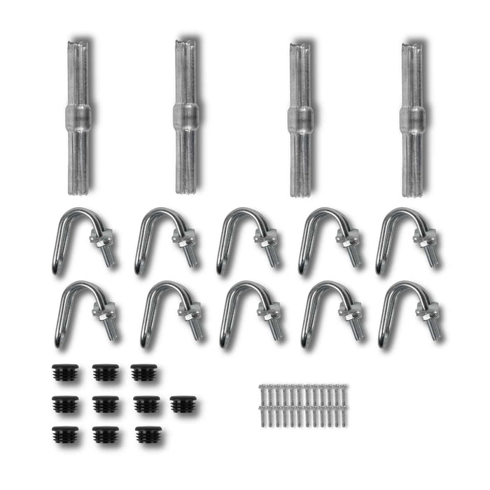 Galvanized shelving hardware kit: 4 poles, 10 U-bolts with nuts, 9 end caps, and 20 self-tapping screws.
