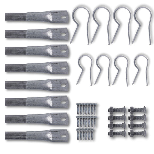 Galvanized fence post splices, R-clips, self-drilling screws, and carriage bolts with nuts for fencing.