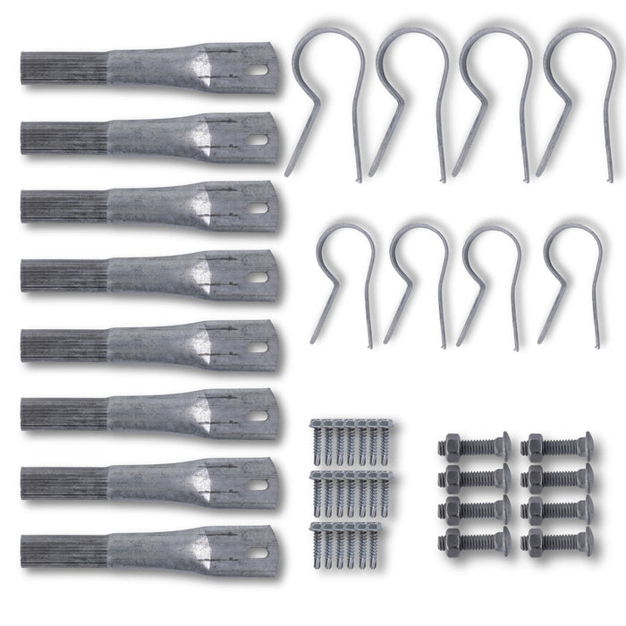 Galvanized fence post splices, R-clips, self-drilling screws, and carriage bolts with nuts for fencing.