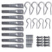 Galvanized fence post splices, R-clips, self-drilling screws, and carriage bolts with nuts for fencing.
