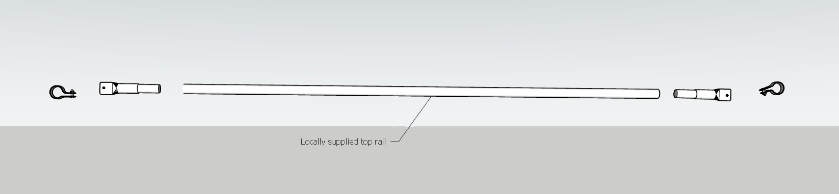 Locally supplied top rail with end fittings and R-clips, suitable for fence, gate, or balustrade systems.