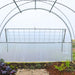 Greenhouse interior with young vegetables in raised beds, metal frame, and a hanging trellis for vertical gardening.