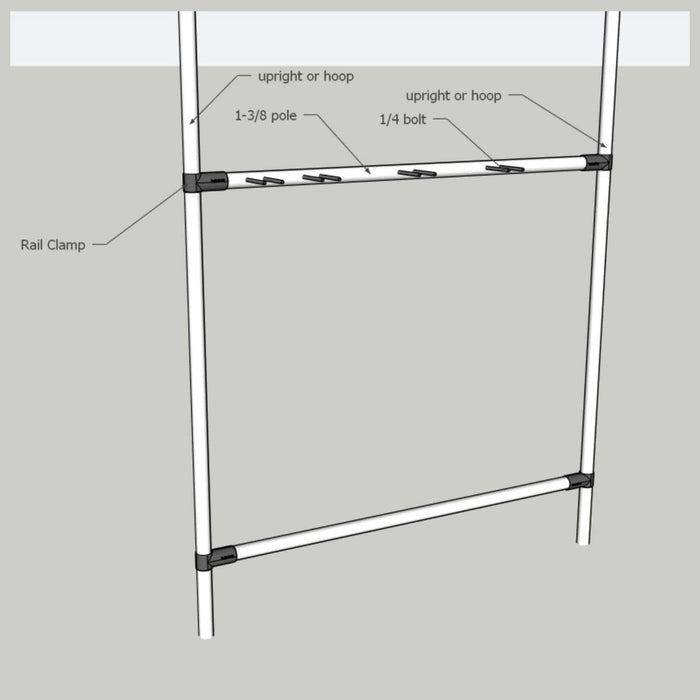 Rail clamp diagram: 1-3/8 pole, upright/hoop, 1/4 bolt connections for structural frame assembly.