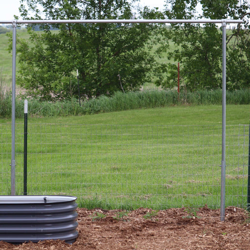 Dark gray corrugated metal raised garden bed with a galvanized steel frame, young plants, wire fence, and green field.