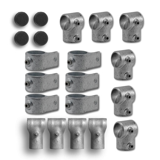 Galvanized steel pipe fittings kit: varied clamps, 90-degree elbows, straight connectors, base flanges, and black end caps.