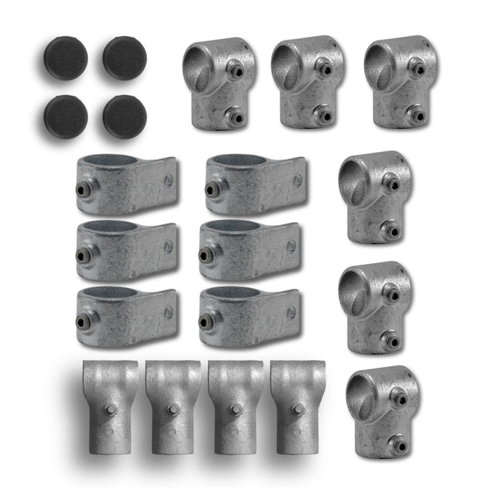 Galvanized steel pipe fittings kit: varied clamps, 90-degree elbows, straight connectors, base flanges, and black end caps.