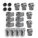 Galvanized steel pipe fittings kit: varied clamps, 90-degree elbows, straight connectors, base flanges, and black end caps.