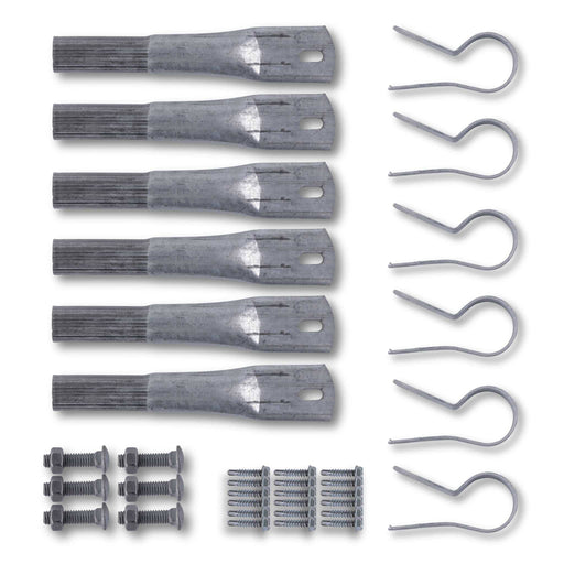 Galvanized steel pipe connectors, R-clips, bolts, nuts, self-tapping screws. Hardware and fasteners for frames.