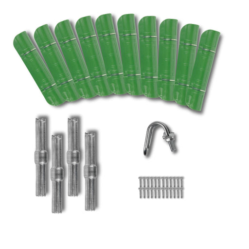 Green rebar safety caps, metal rebar stakes, U-bolt, and screws. Essential concrete construction accessories.
