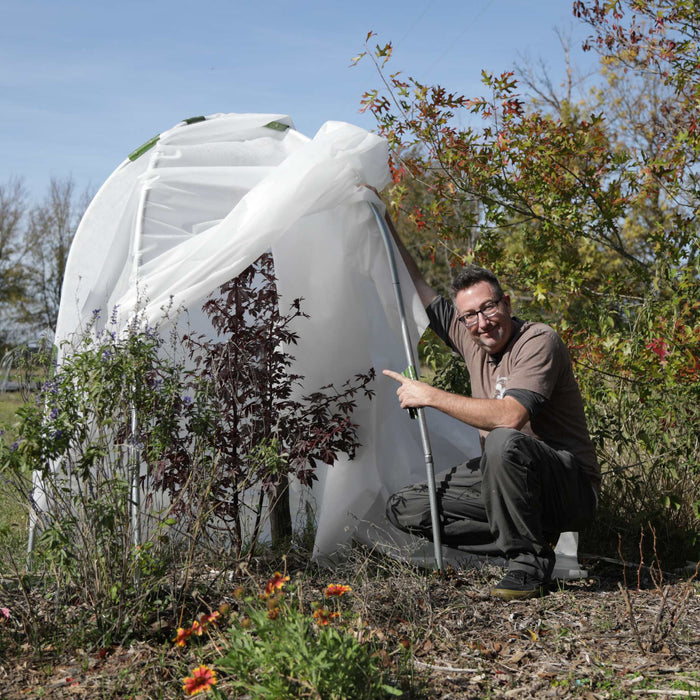 Gardener points to plants inside a white fabric frost protection cover. Essential for winterizing delicate garden plants.