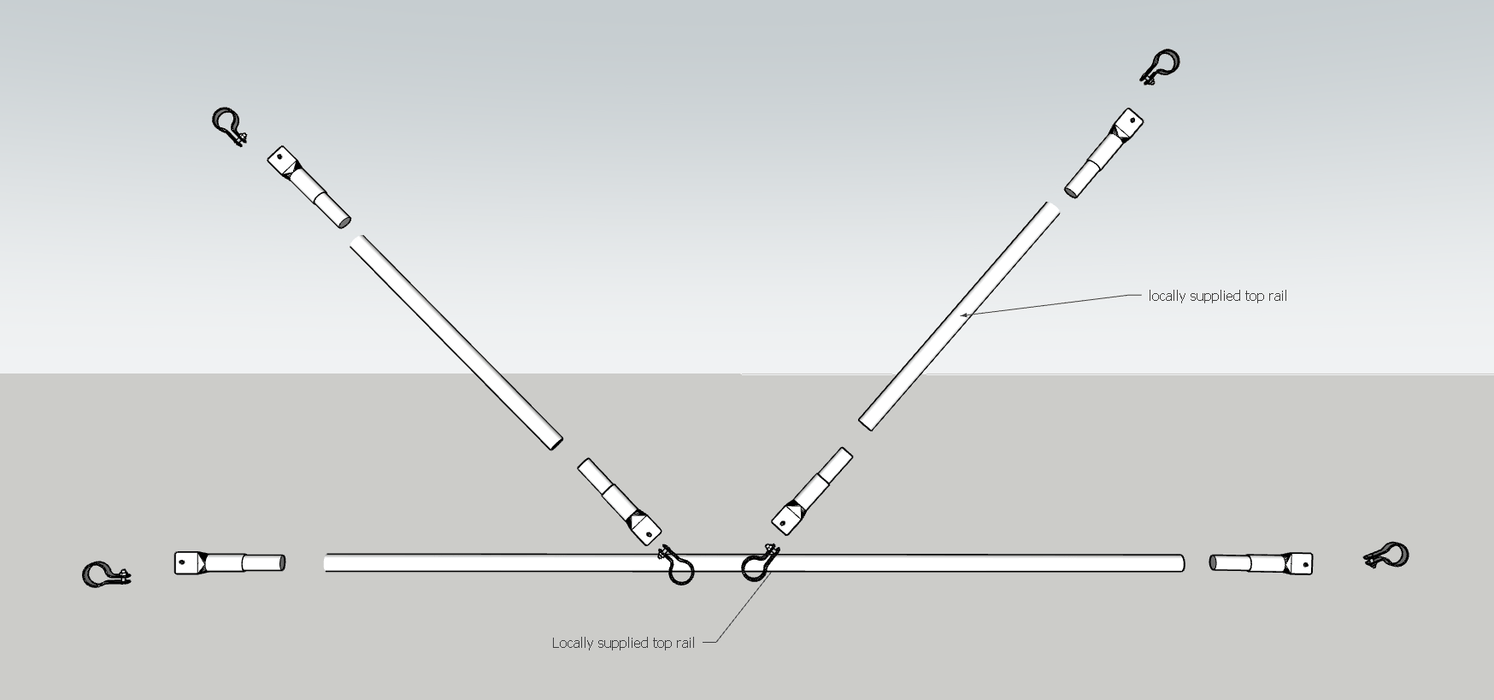 Diagram of metal fence top rail assembly with connectors, showing horizontal and diagonal rails secured by quick-release pins.