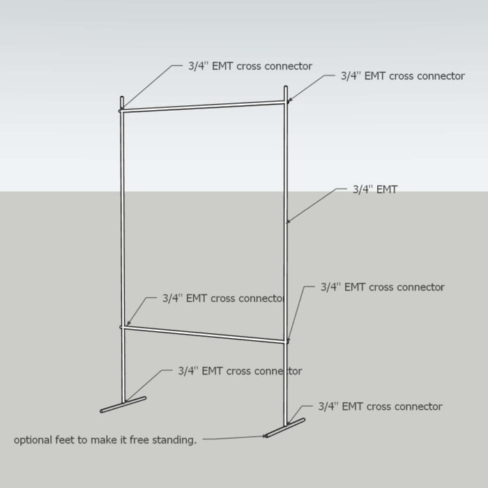 3/4" EMT conduit frame assembly diagram with cross connectors and optional free-standing base for displays.