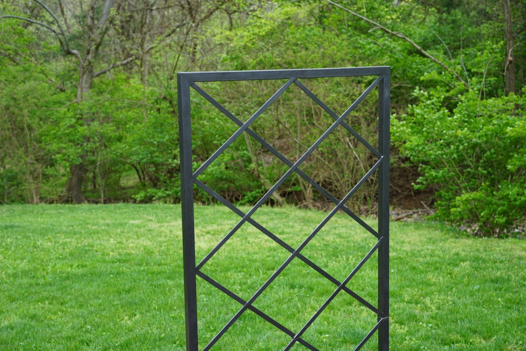 Modern black metal garden trellis featuring a diamond grid design, perfect for climbing plants in a lush yard.