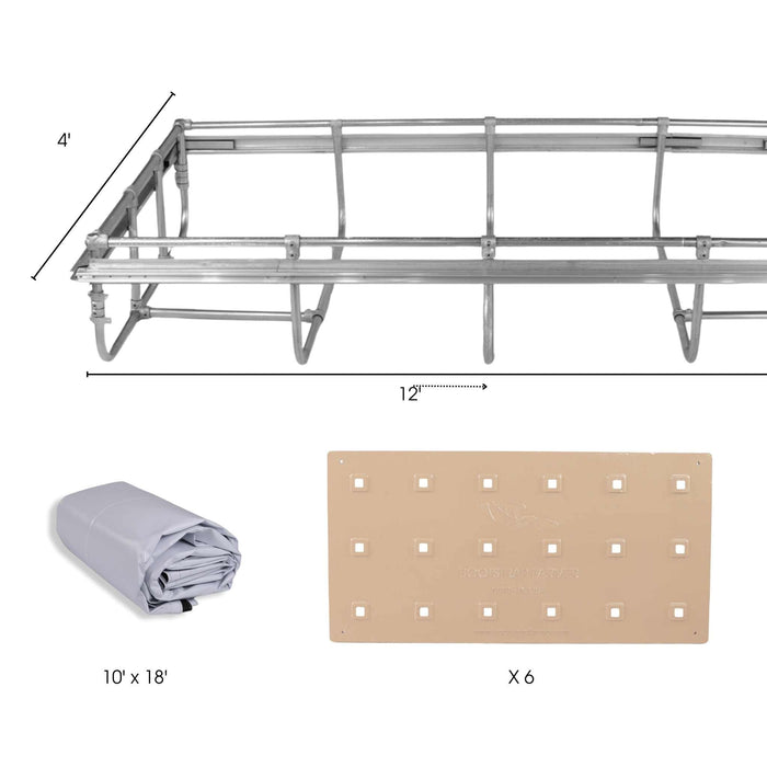 Hoop house frame (4'x12'), grey tarp (10'x18'), and 6 Bootstrap Farmer propagation trays for gardening.