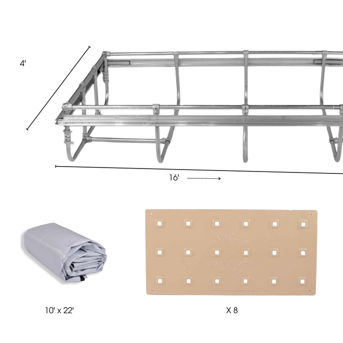 Bootstrap Farmer 4x16' hoop house frame, 10x22' tarp, and 8 seed starting trays for gardening.