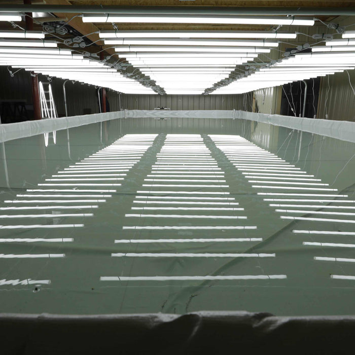 Numerous bright grow lights illuminating a long, reflective indoor hydroponic or aquaculture basin for cultivation.