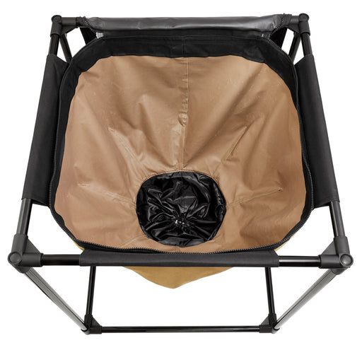 Top-down view of a tan foldable camping utility bin with black frame, zipper, and bottom drawstring drain. Portable trash can.
