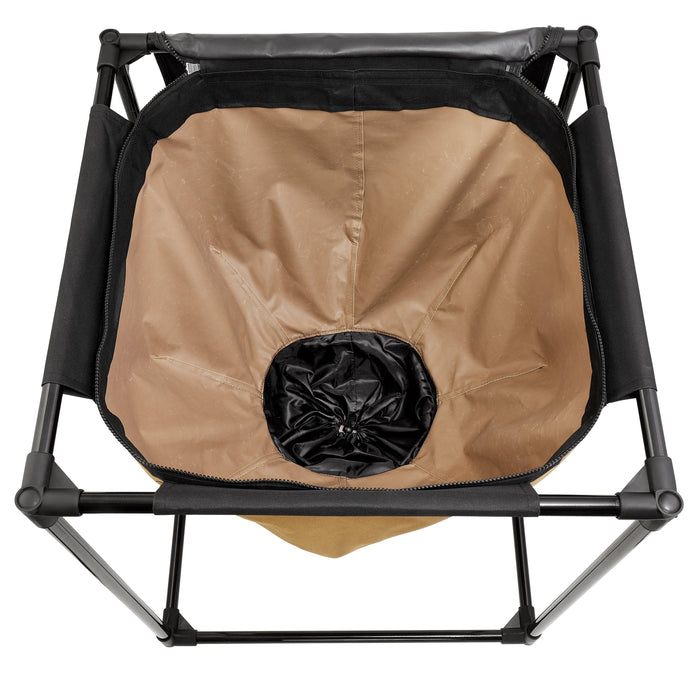 Top-down view of a tan foldable camping utility bin with black frame, zipper, and bottom drawstring drain. Portable trash can.